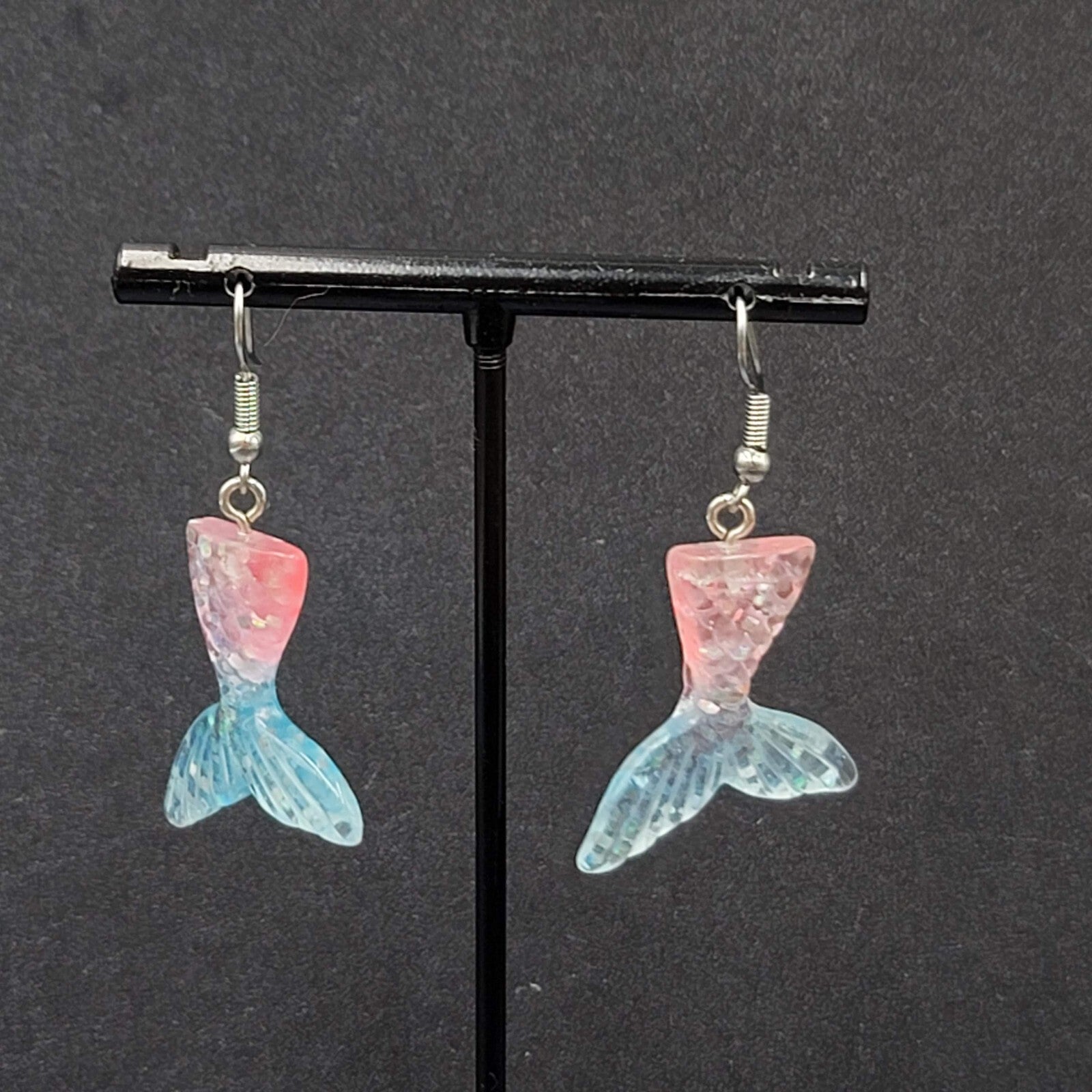 Mermaid Tail Pierced Earrings Pink Blue Glitter Resin Dangle 1.25"