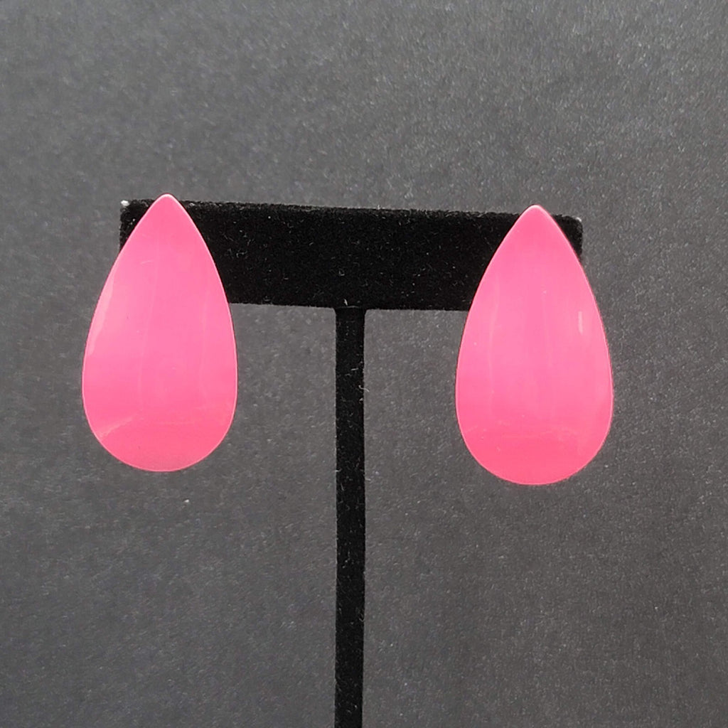 Vintage Pierced Earrings Hot Pink Enamel Long Teardrop 1.5"