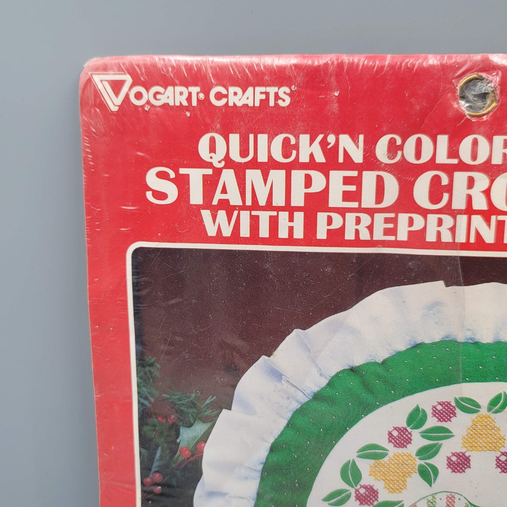 Vtg Partridge Wreath Vogart Crafts Stamped Cross Stitch Christmas Pillow Kit NOS