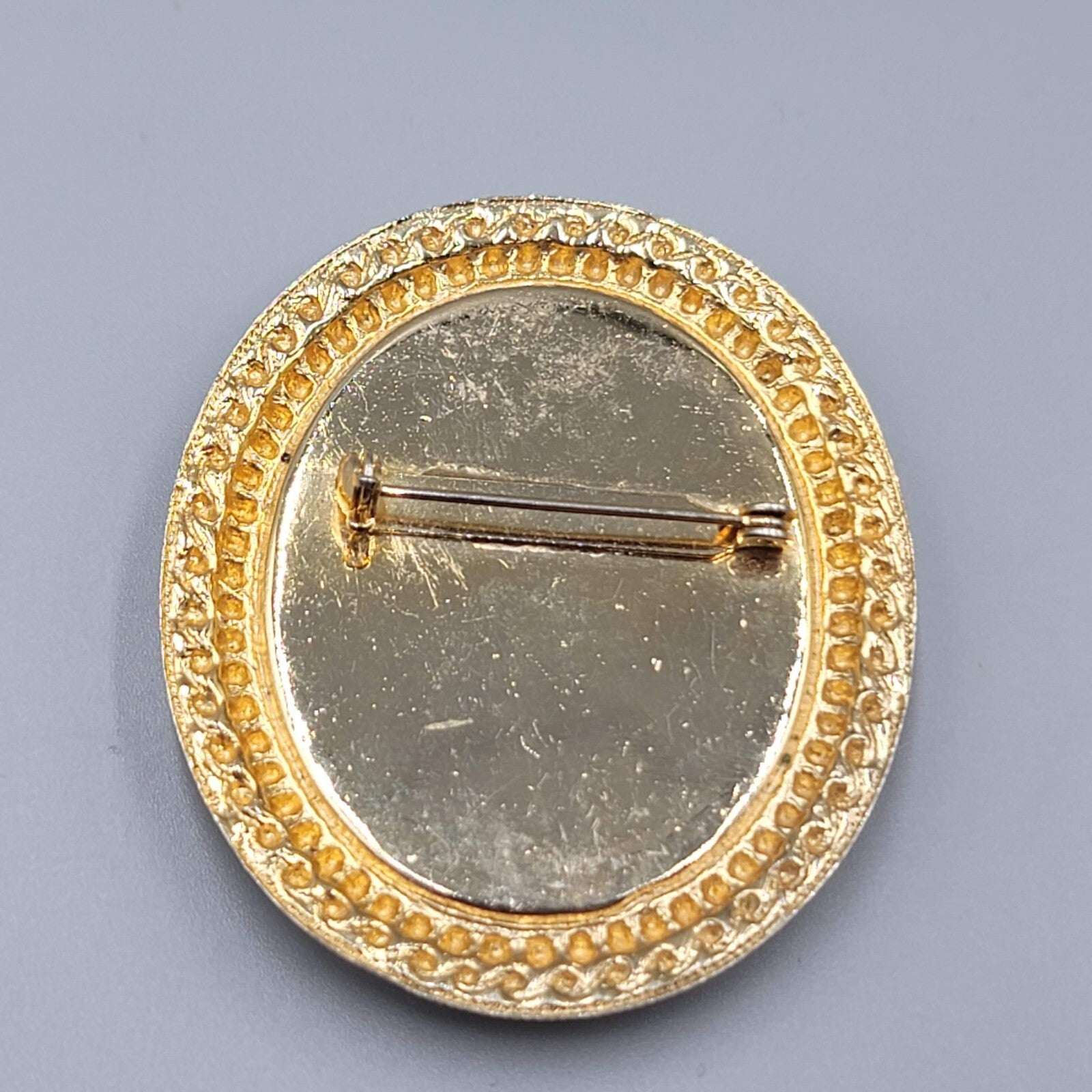 Vintage Flower Porcelain Brooch Gold tone Oval 2.5"