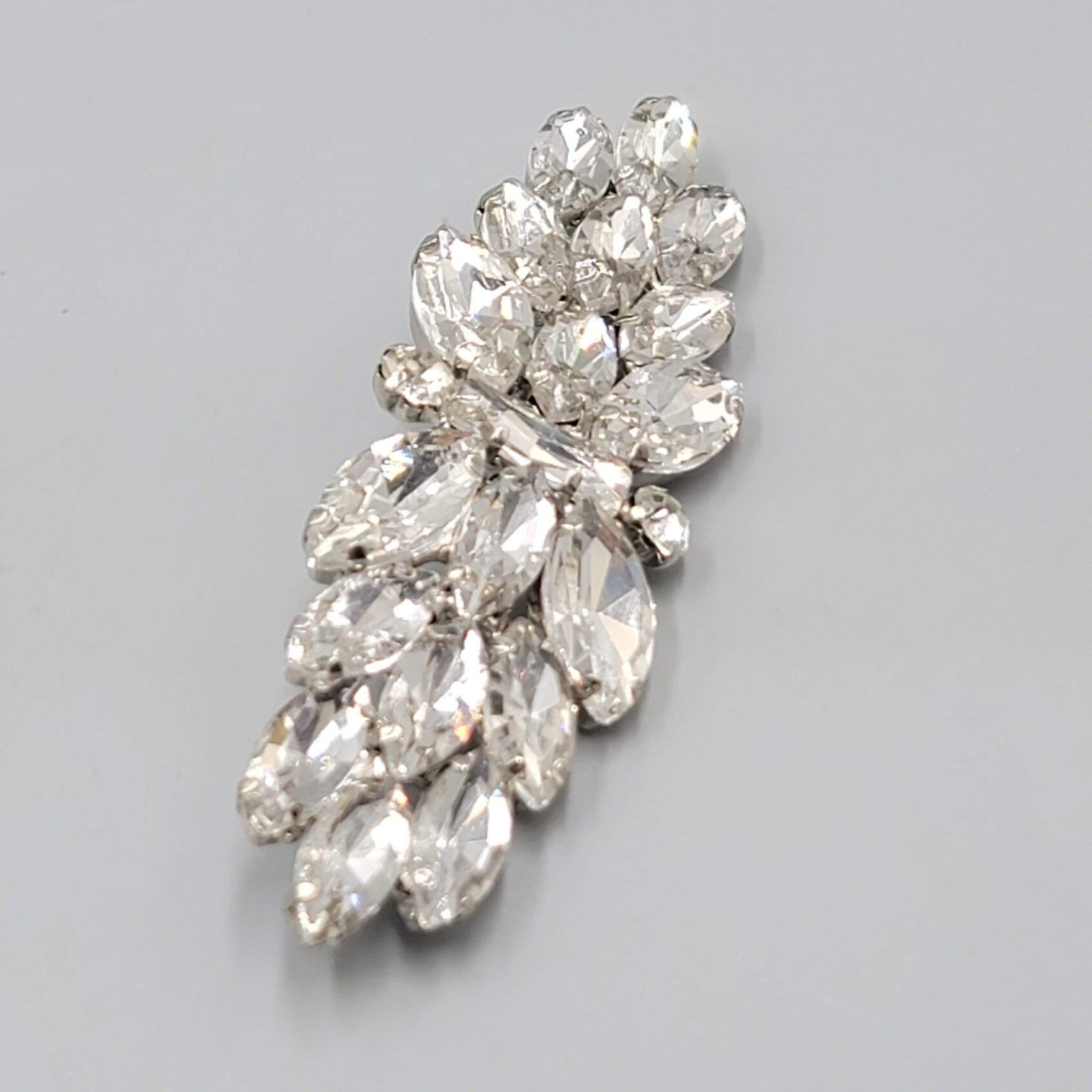 Vintage Long Clear Rhinestone Brooch Silver tone 3.75 in