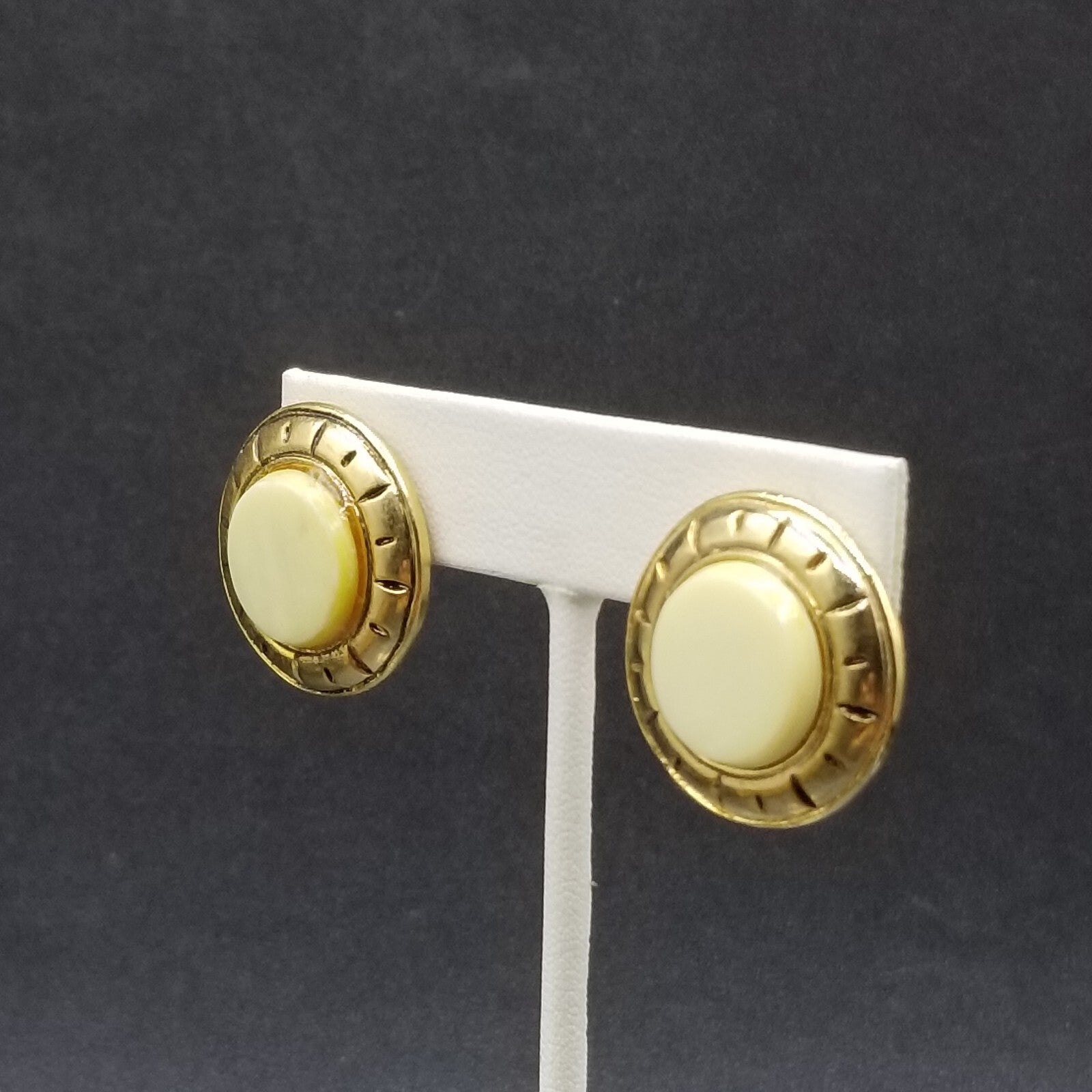 Vintage Clip on Earrings Gold tone Cabochon Button Style Stud 1"