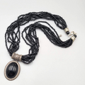 Multi Strand Black Seed Bead Necklace Oval Pendant Silver tone 18"
