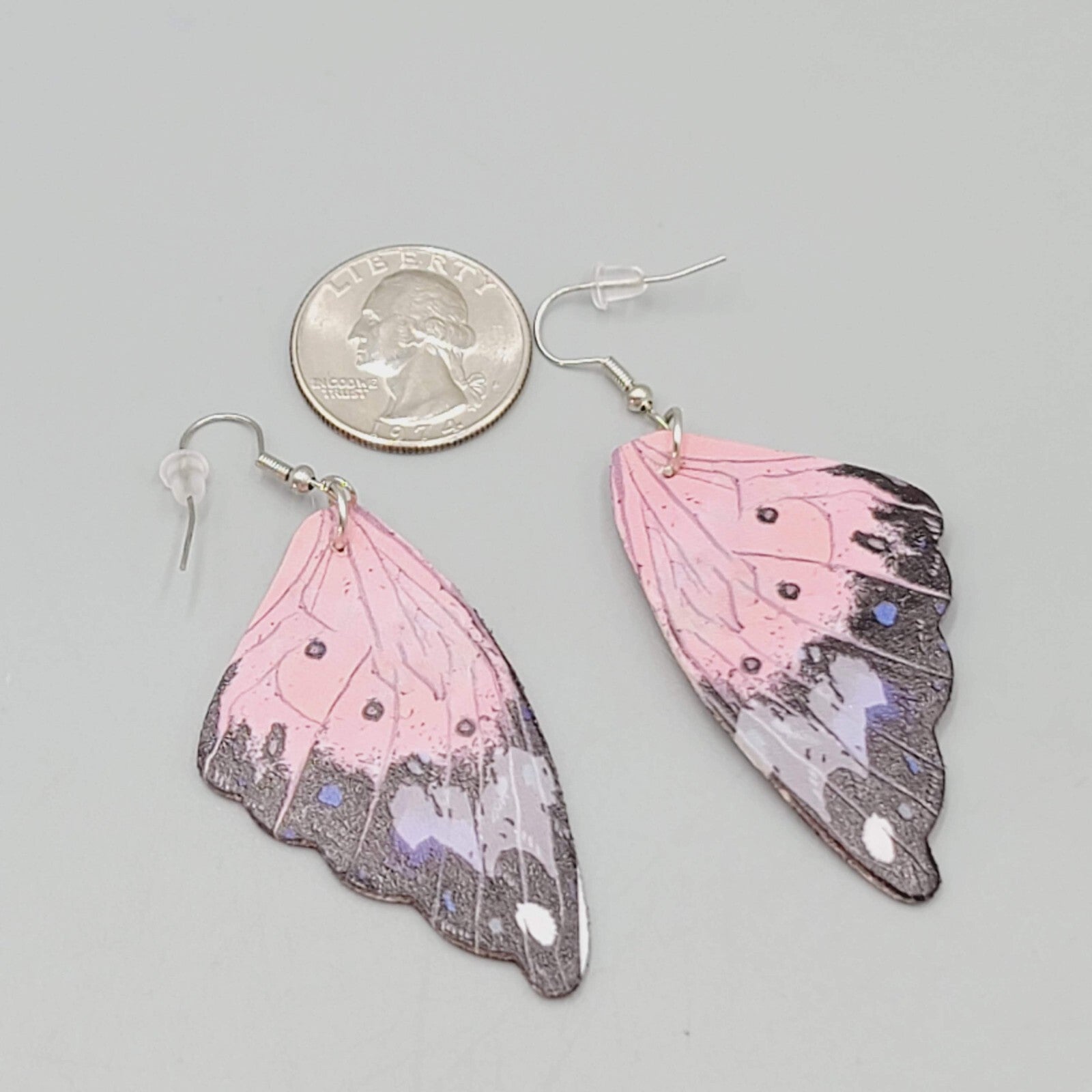 Butterfly Wing Pierced Earrings Pink Purple Statement Dangle 2.25"