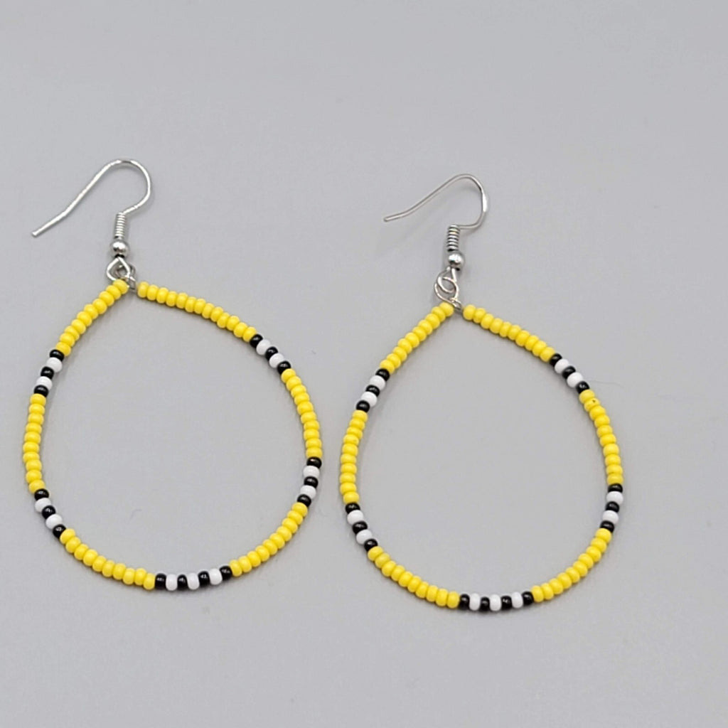 Hoop Pierced Earrings Yellow Black White Seed Bead Dangle 1.75"