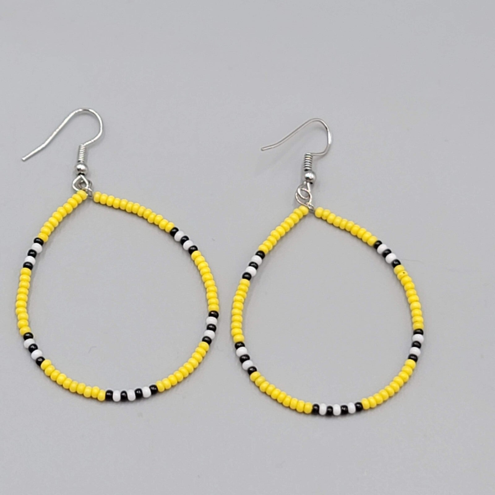 Hoop Pierced Earrings Yellow Black White Seed Bead Dangle 1.75"