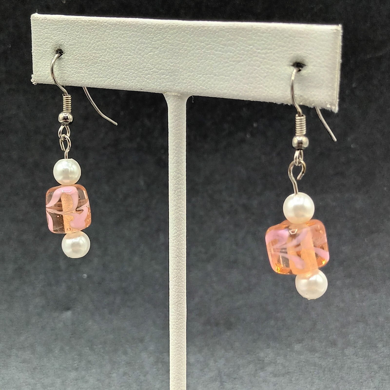 Pierced Earrings Silver tone Pink Art Glass Faux Pearl Asymmetrical Dangle 1"