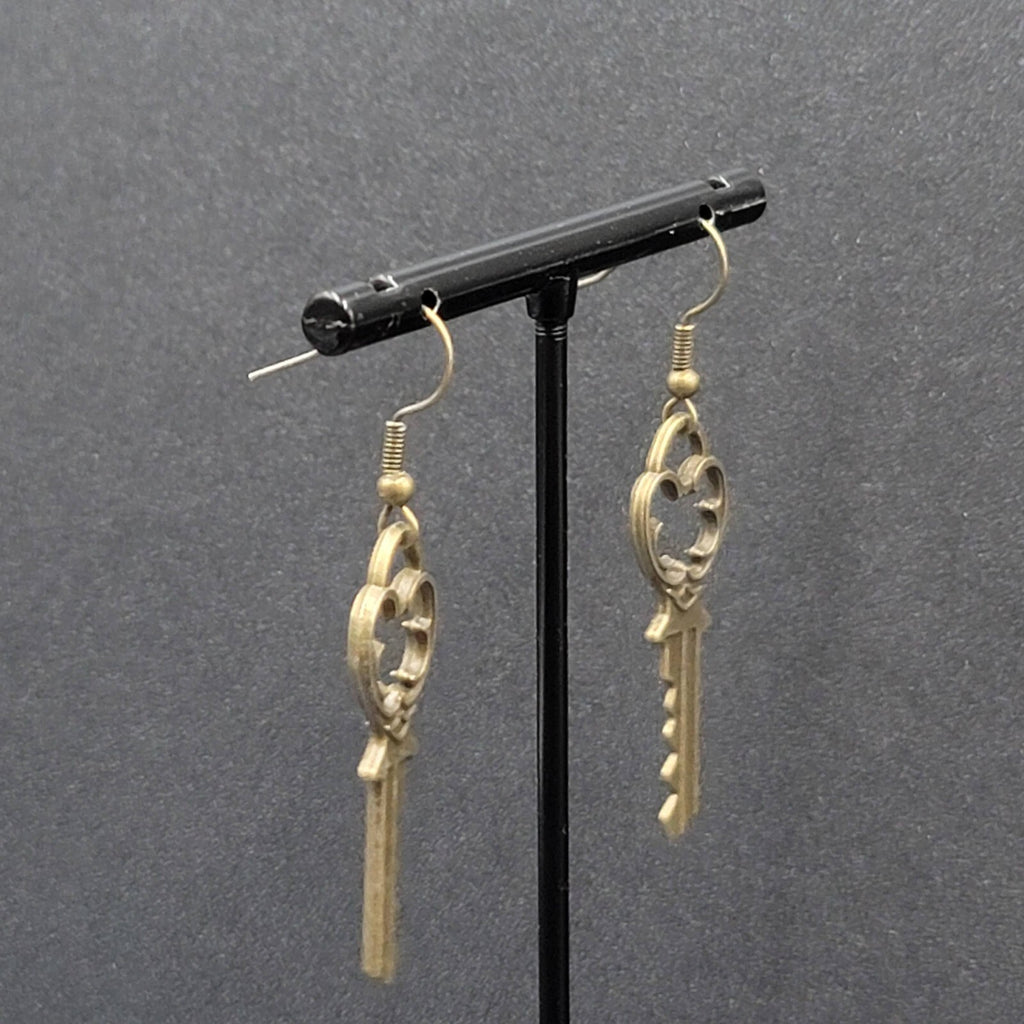 New Pierced Earrings Ornate Key Bronze tone Dangle 1.5"