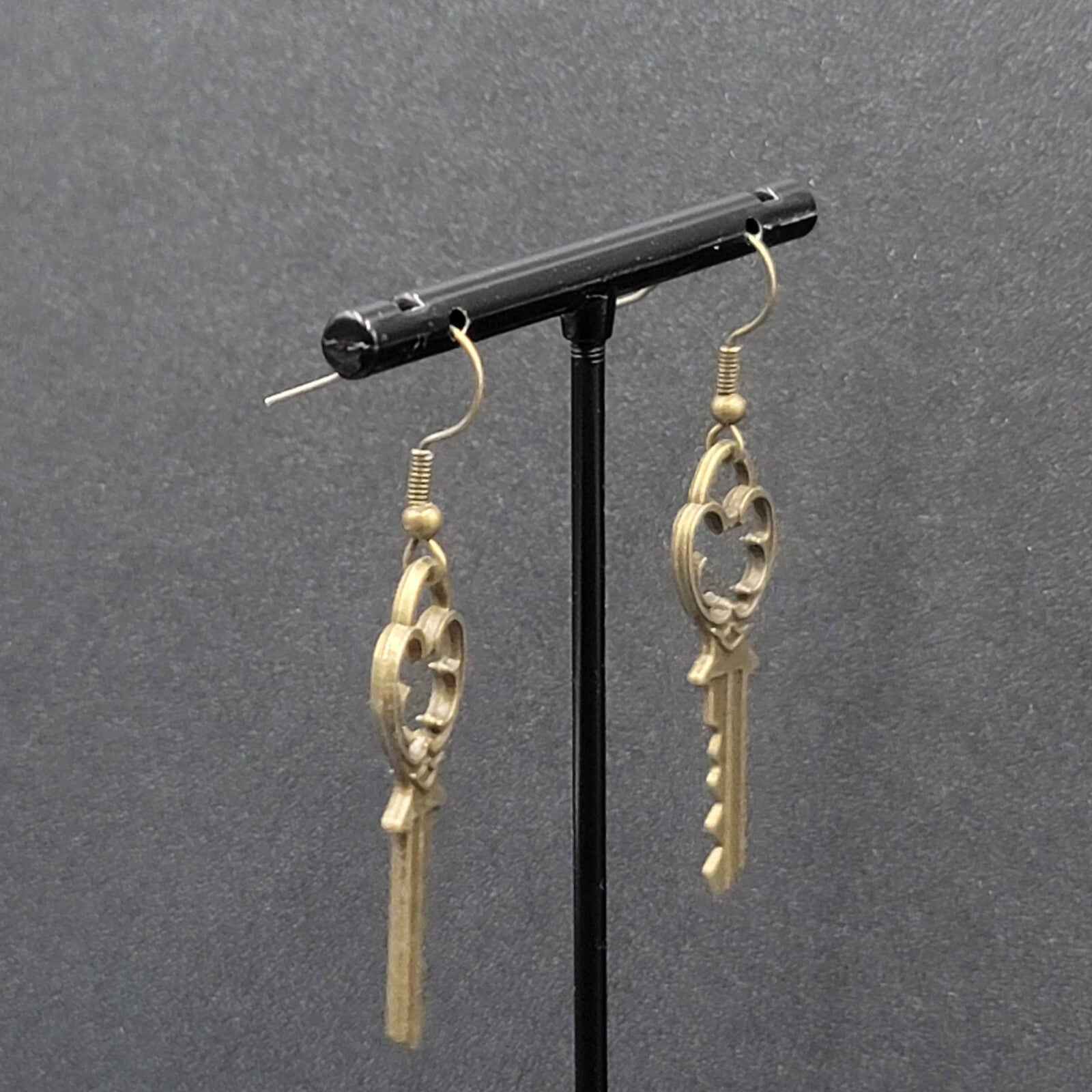 New Pierced Earrings Ornate Key Bronze tone Dangle 1.5"