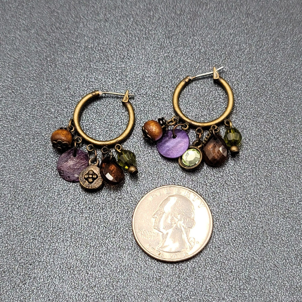Pierced Earrings Green tone Green Orange Purple Beads Hoops 1.25"