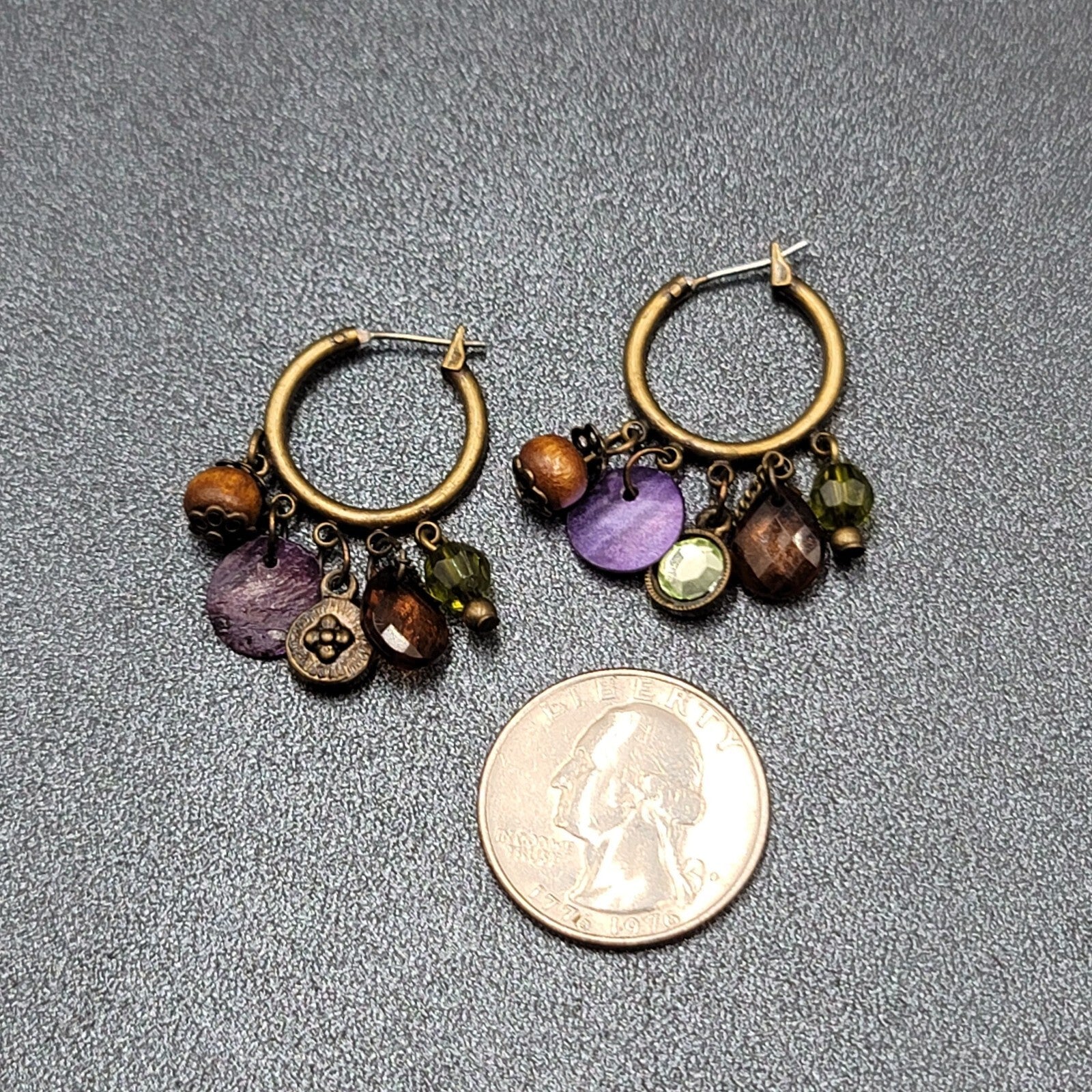 Pierced Earrings Green tone Green Orange Purple Beads Hoops 1.25"