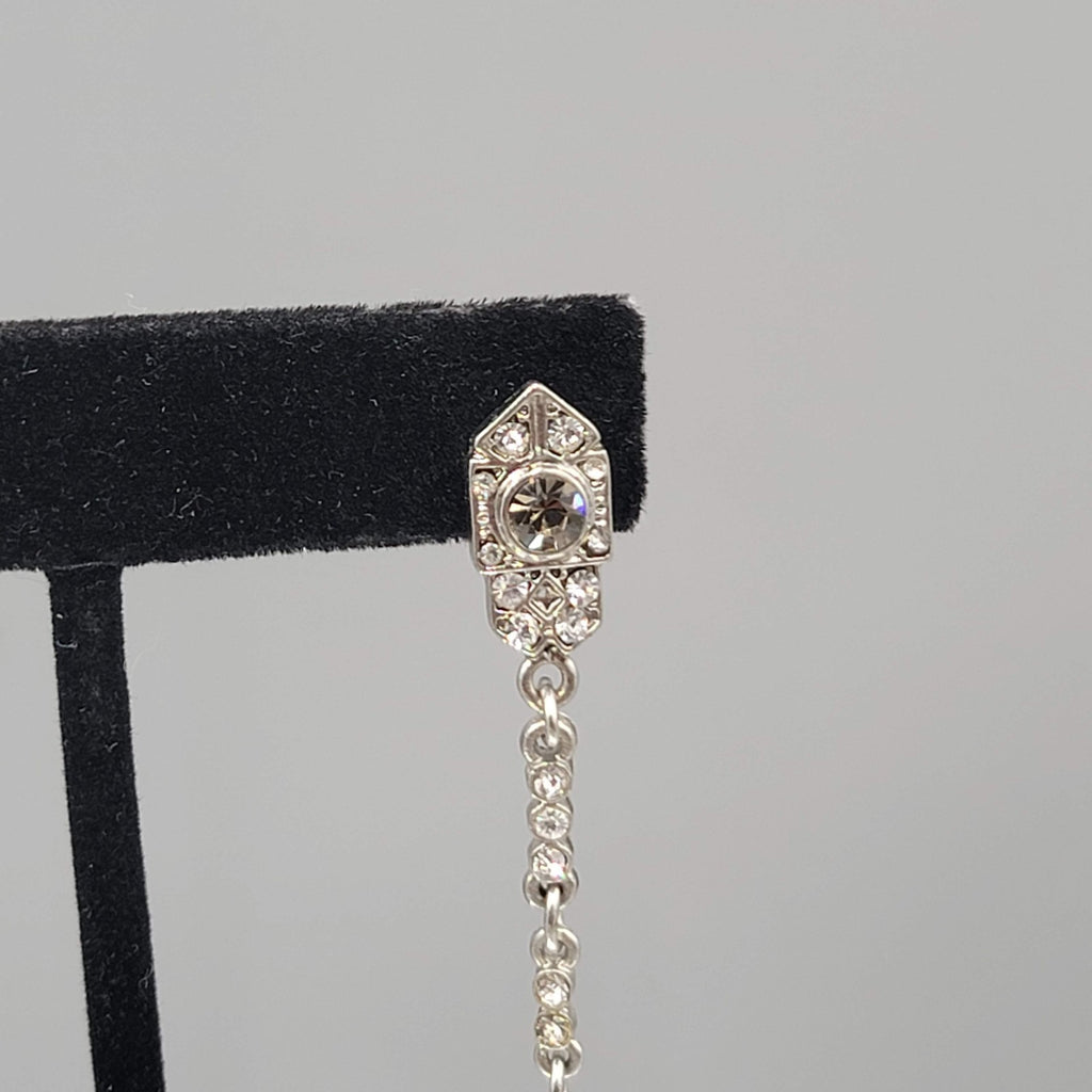 Long Pierced Earrings Smokey Teardrop Rhinestone Silver tone Dangle  3.5 in