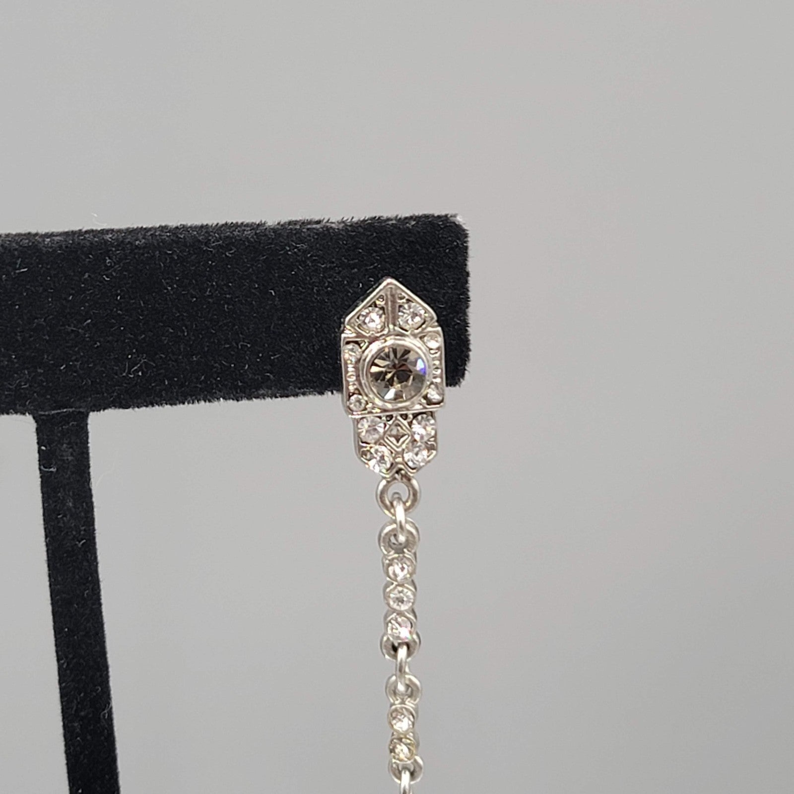 Long Pierced Earrings Smokey Teardrop Rhinestone Silver tone Dangle  3.5 in