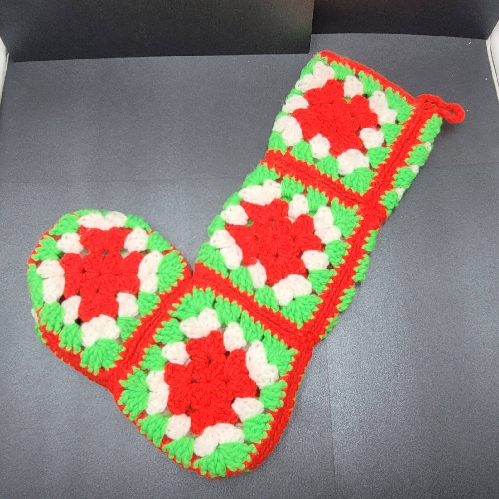 Handmade Crocheted Granny Square Red Green White Christmas Stocking 15"