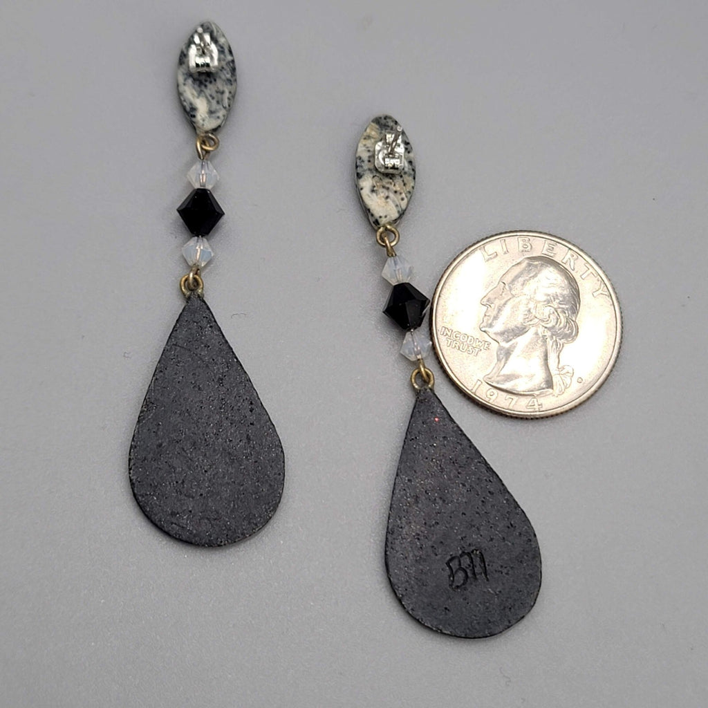 Long Pierced Earrings Gray Black Beaded Teardrop Dangle Signed 2 5/8"