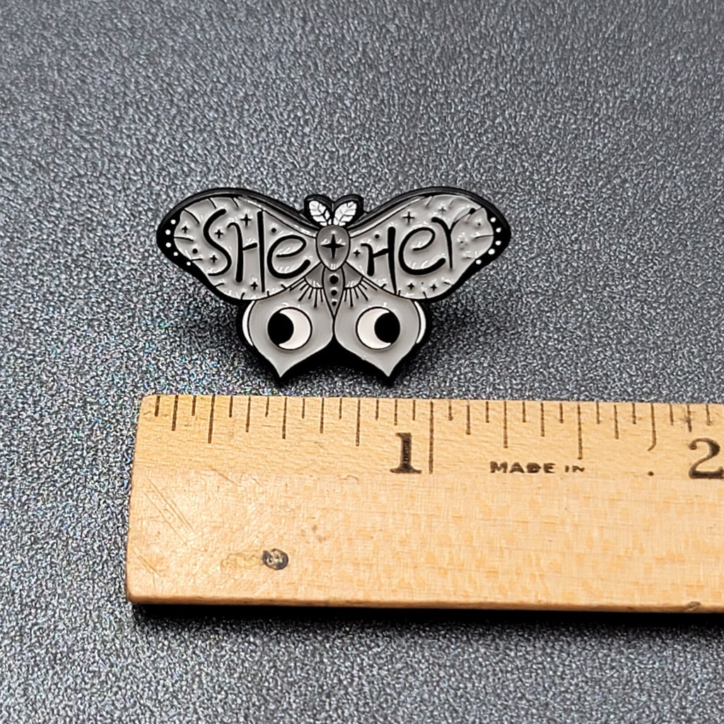 Moth She Her Black Gray Enamel Lapel Hat Pin 1 1/8"