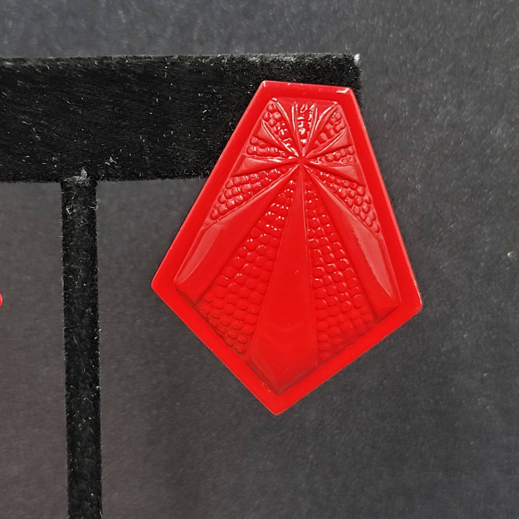 Vintage Pierced Earrings Red Embossed Enamel over Metal Drop 1.5"