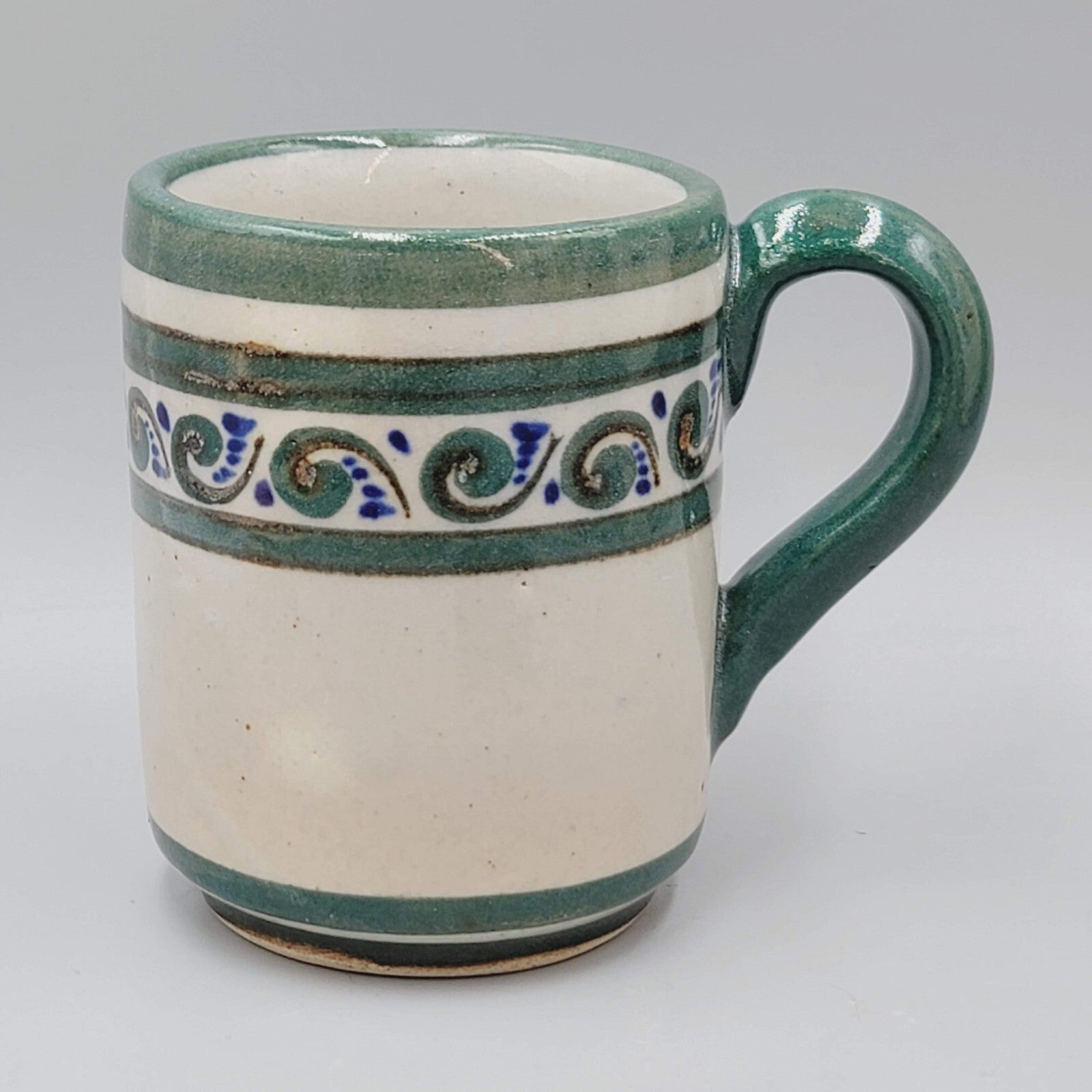 Mexico Xochiquetzal Pottery Coffee Mug Signed by Artist  Green Blue