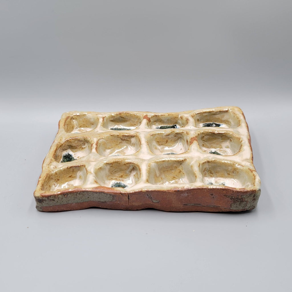 Folk Glazed Pottery Diometric Divided Dish Egg Oyster Escargot 8"x6"x2"