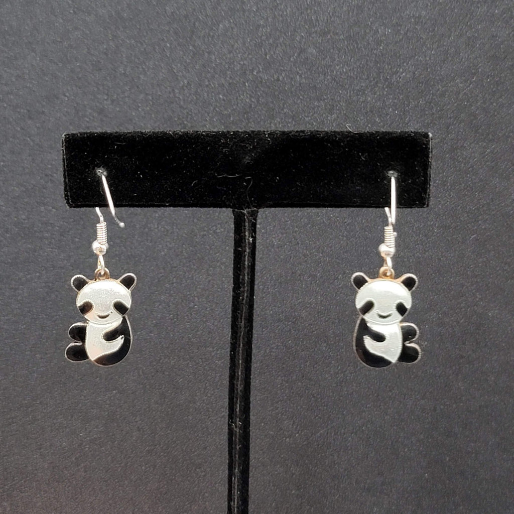 Panda Sterling Silver Pierced Earrings Enamel Dangle 3/4"