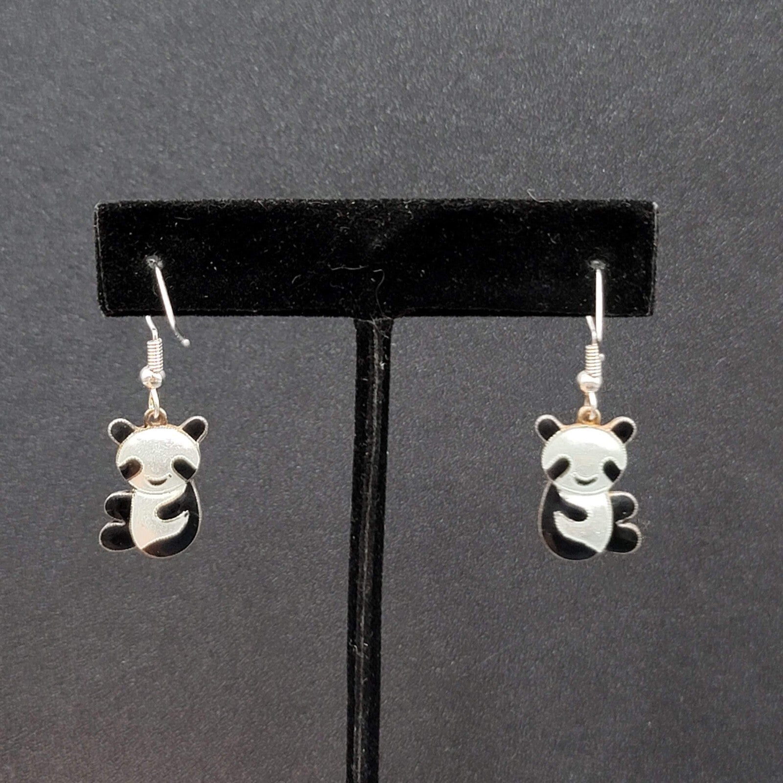 Panda Sterling Silver Pierced Earrings Enamel Dangle 3/4"