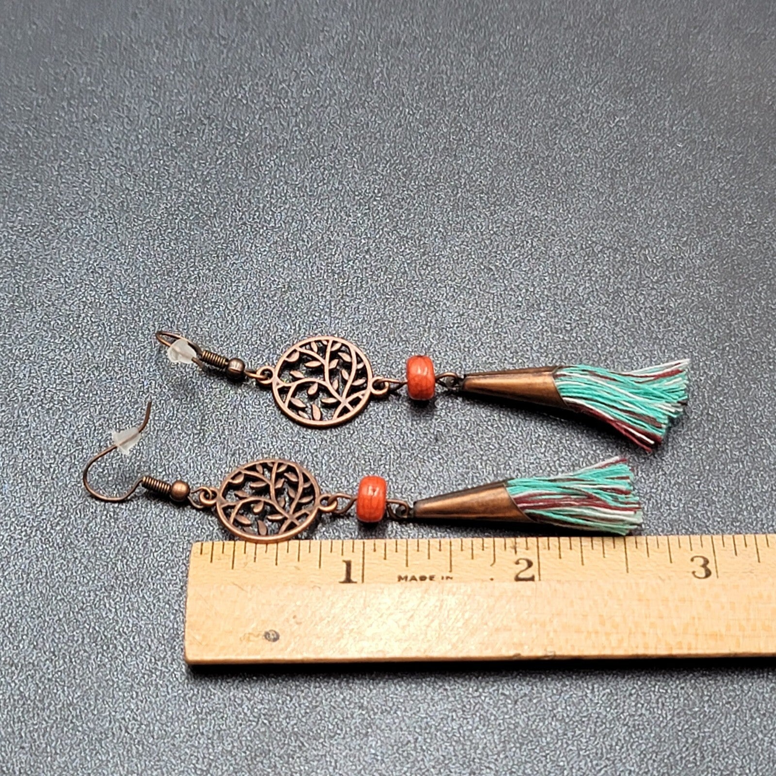 New Boho Pierced Earrings Copper tone Blue Tassel Red Bead Dangle 2.75"