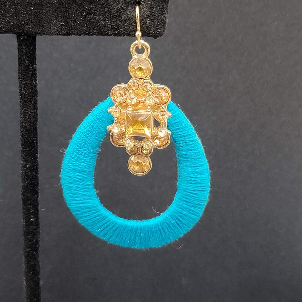 Pierced Earrings Gold tone Yellow Rhinestone Blue String Wrapped Hoops 2.25"