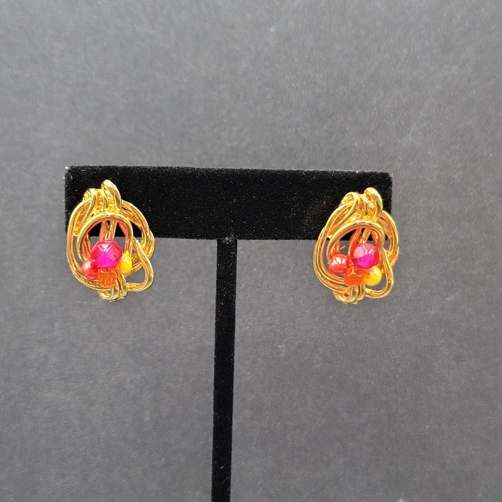 Pierced Earrings Gold Plated Pink Yellow Beaded Artistic Drop 1"