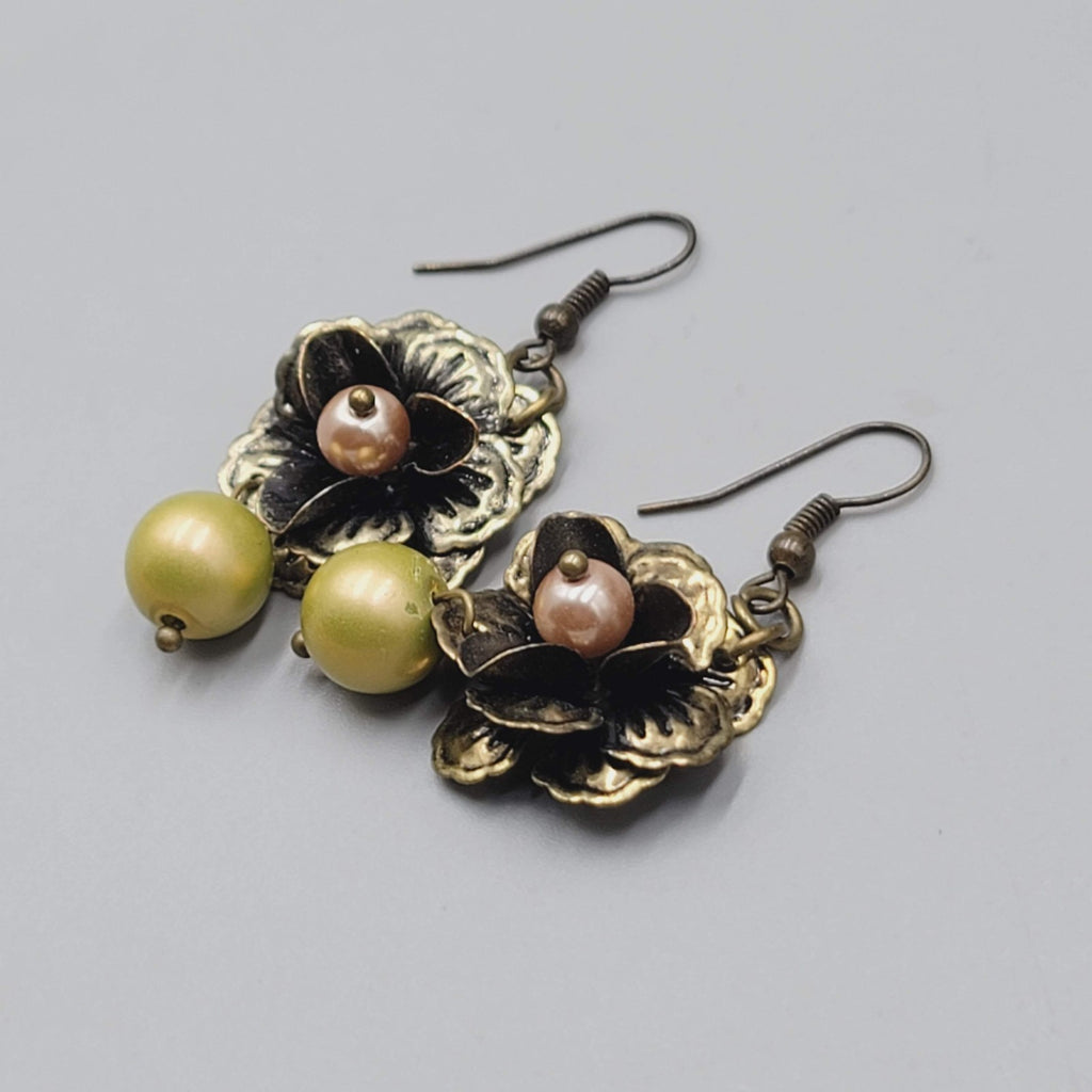Flower Dangle Pierced Earrings Bronze tone Green Pink Bead 1.25"