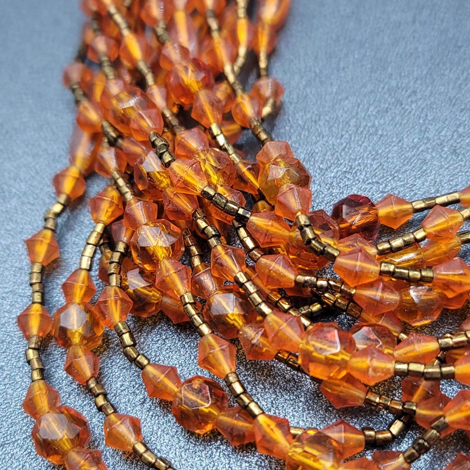 Vtg Japan Orange Glass Beaded Gold Tone Filigree 13 Strand Necklace 13.5"-16"