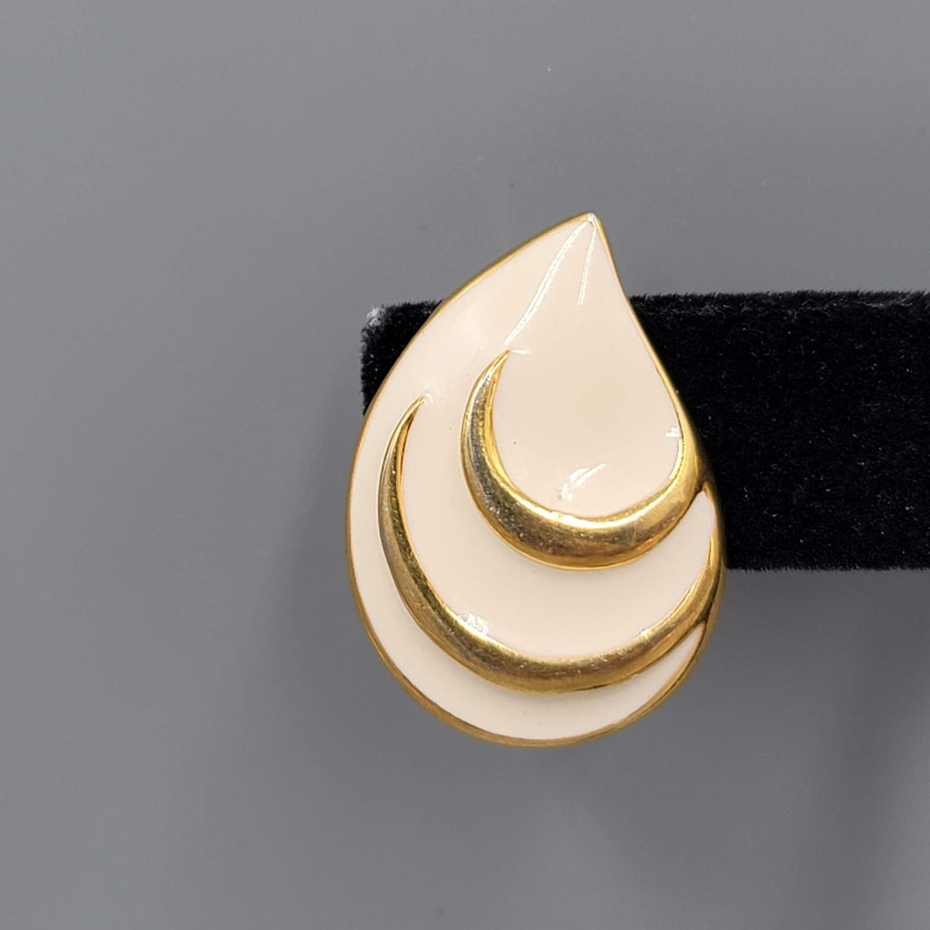 Vintage White Enamel Clip on Earrings Gold Plated Drop Signed JS 1 1/8"