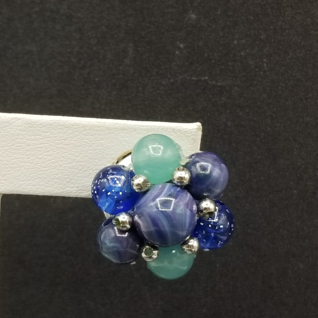 Vintage Clip On Silver tone Blue and Green Acrylic Bead Cluster Stud 1"