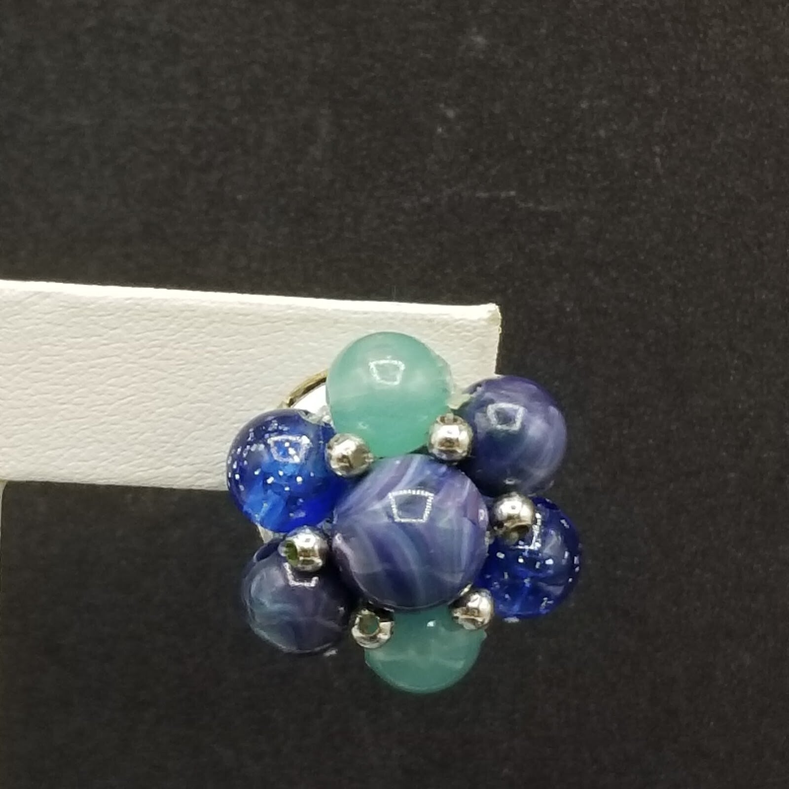 Vintage Clip On Silver tone Blue and Green Acrylic Bead Cluster Stud 1"