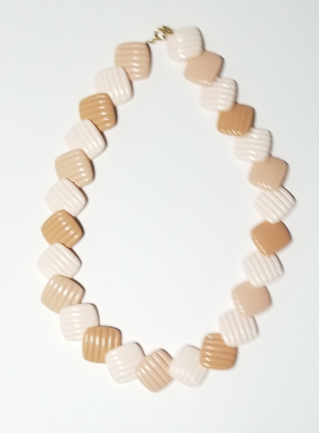 Vintage 80s Plastic Necklace Flat Squares Layered Tans & Creams 18"