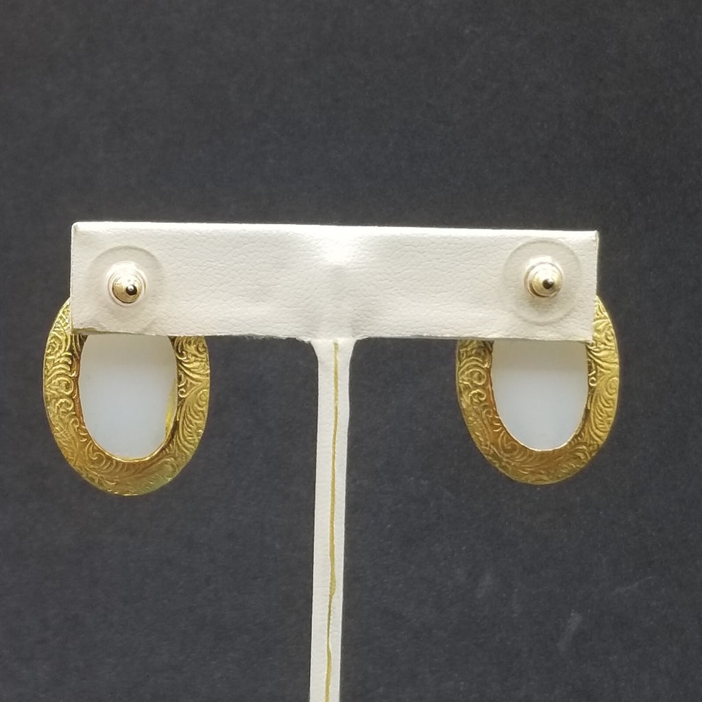 Pierced Earrings Gold tone White Glass Cabochon Drop 1 1/8"