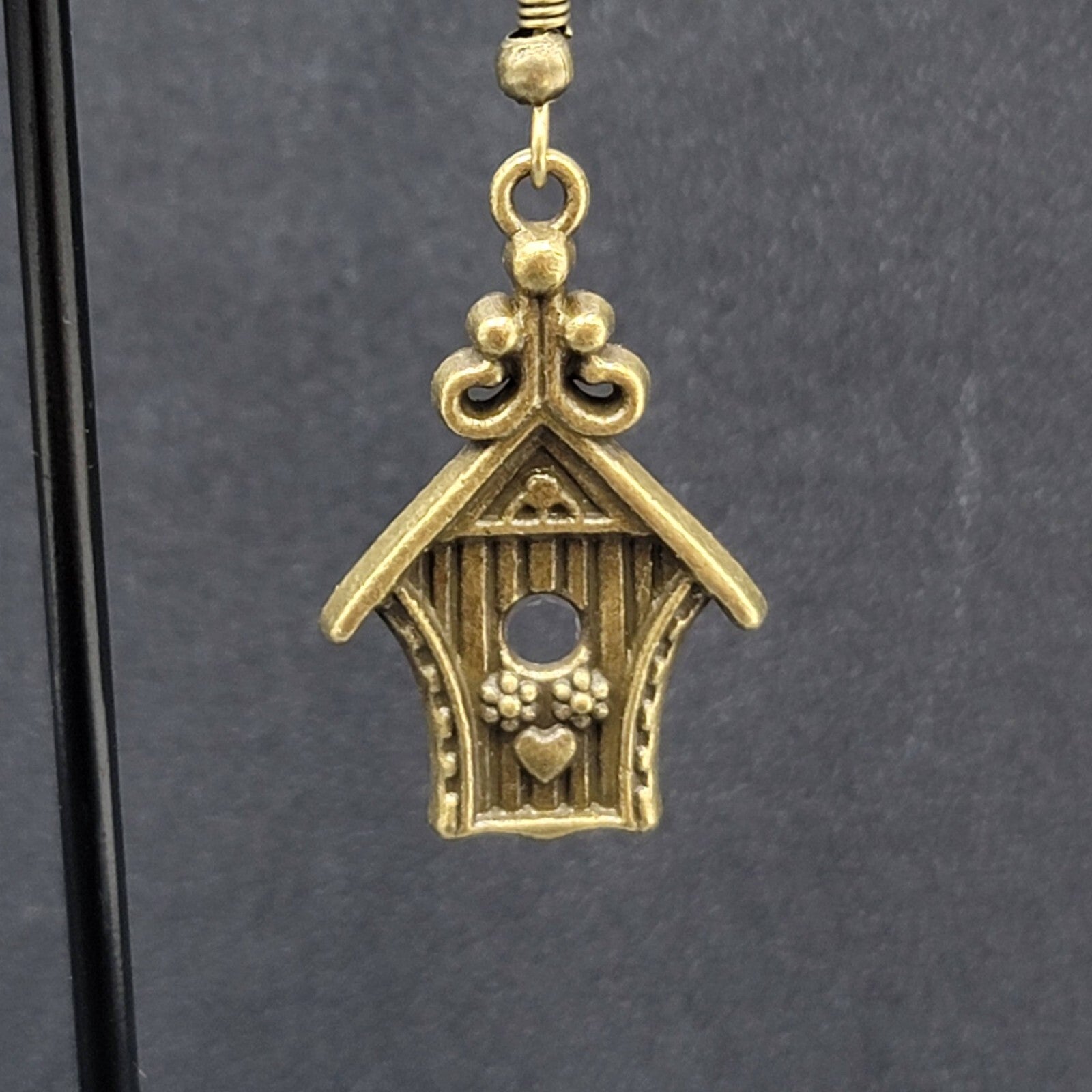Birdhouse Pierced Earrings Bronze tone Dangle 3D Embossed 1 1/8"