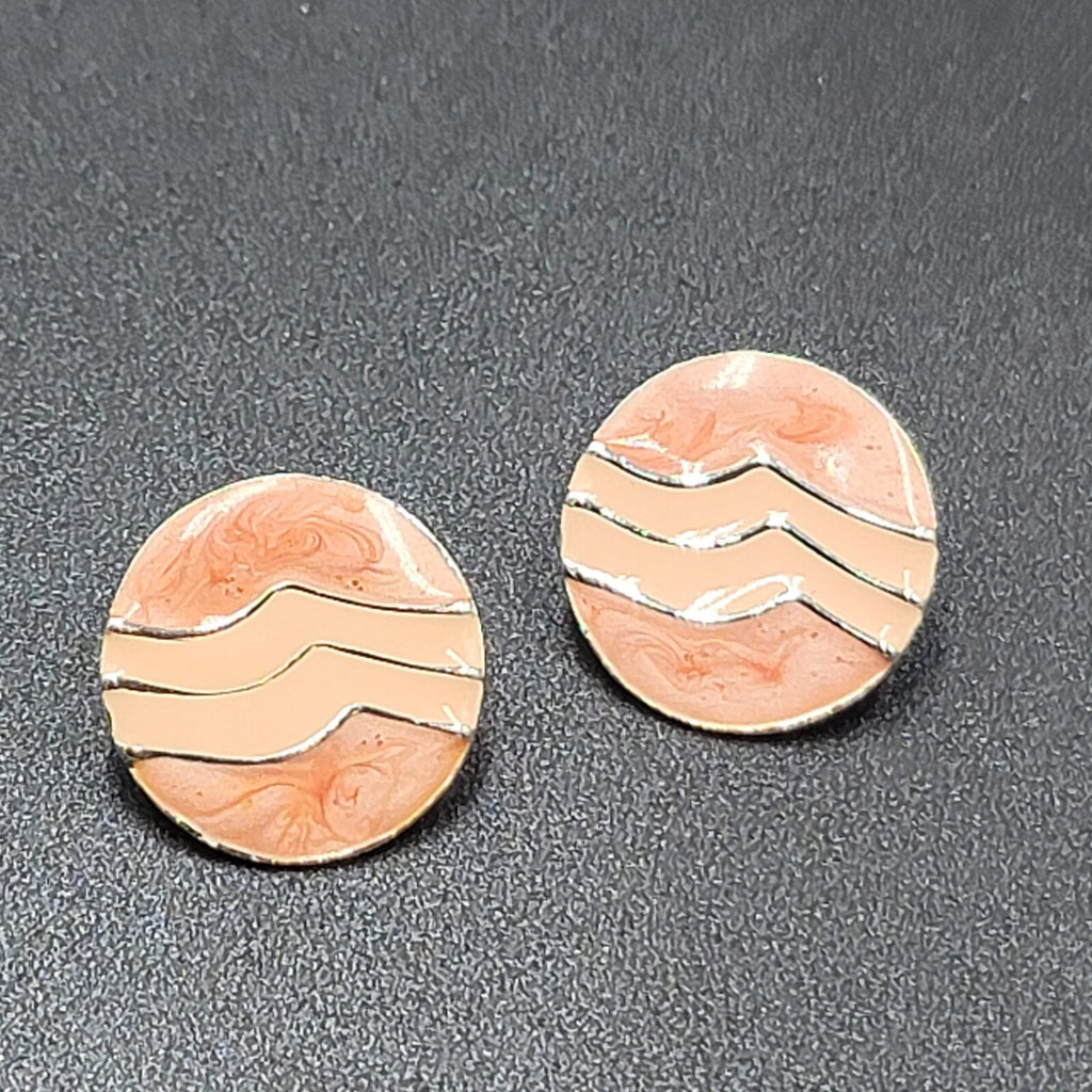 Vintage Pierced Earrings Silver tone Round Pink Swirl Enamel Drop 1"