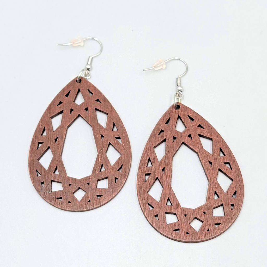 Wood Cut Large Teardrop Boho Pierced Earrings Silver tone Dangle 2.5 in