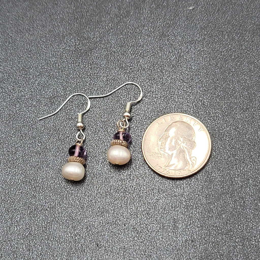 Sterling Silver Pierced Earrings Pearl Amethyst Bead Dangle 5/8"
