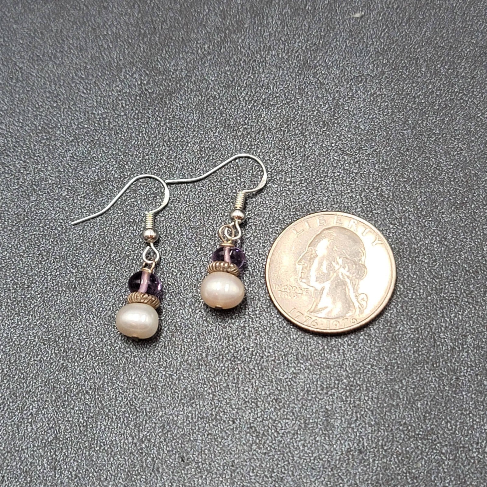Sterling Silver Pierced Earrings Pearl Amethyst Bead Dangle 5/8"