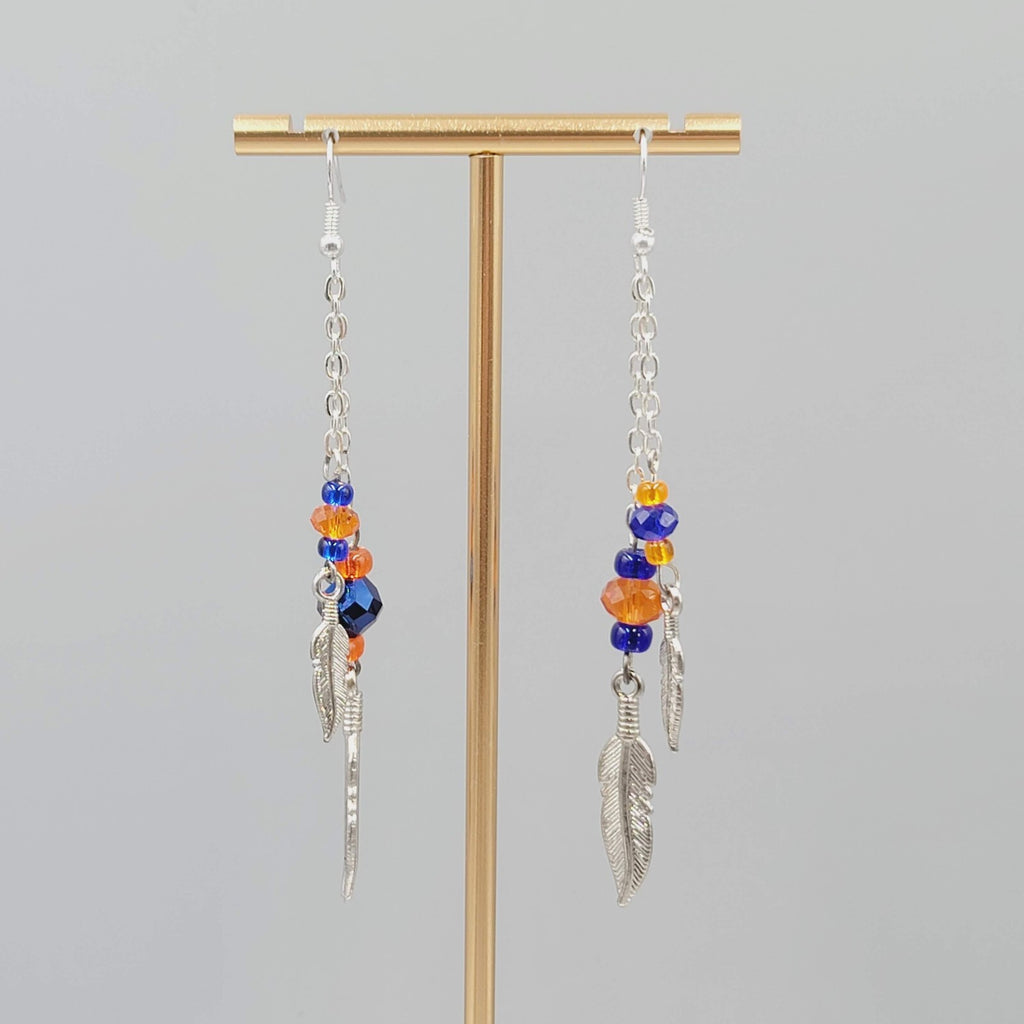 Dangle Pierced Earrings Silvertone Bead Chain Feather Accent 3.25" Denver Bronco