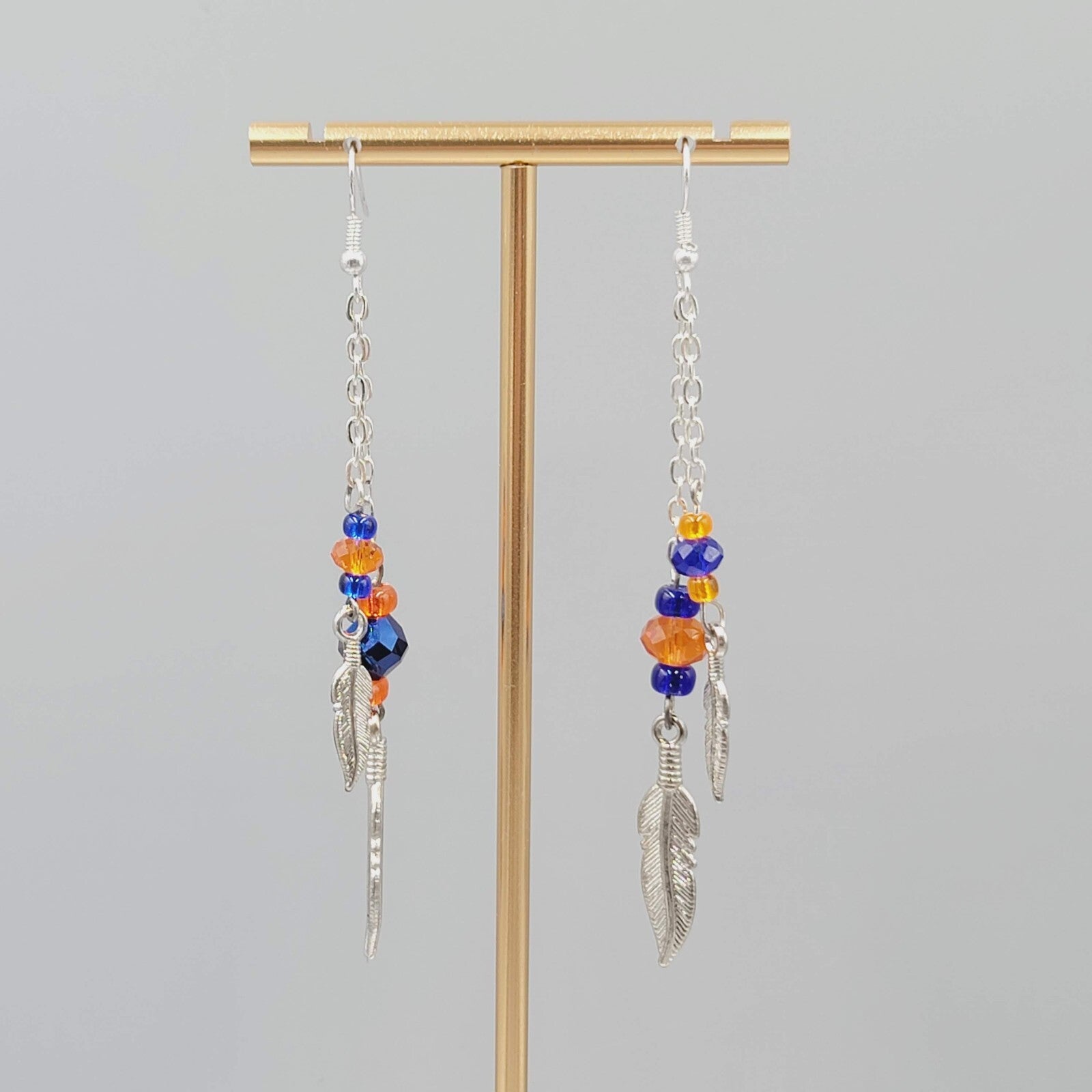 Dangle Pierced Earrings Silvertone Bead Chain Feather Accent 3.25" Denver Bronco