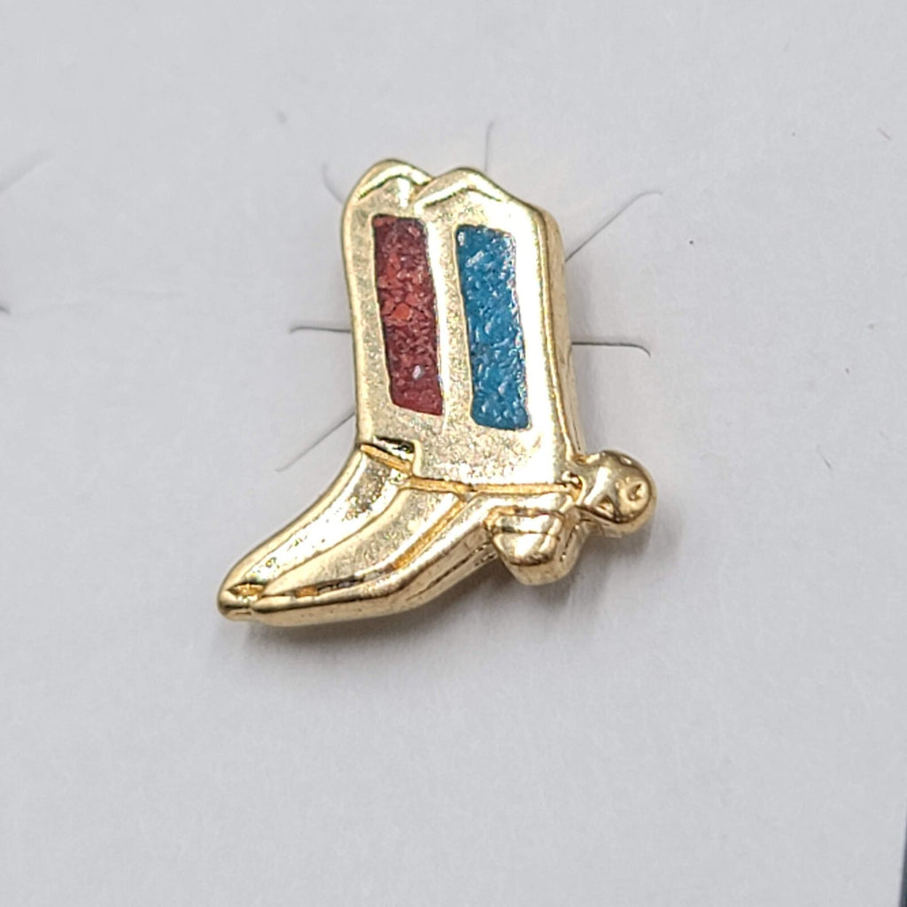 Vintage Pierced Earrings Gold tone Cowboy Boots Inlay Studs 1/2"