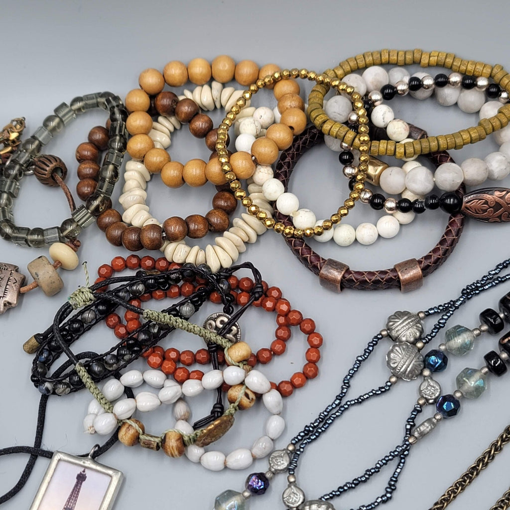 Jewelry Lot Necklace Bracelet Earrings Wood Boho Stone Bead 40 pcs