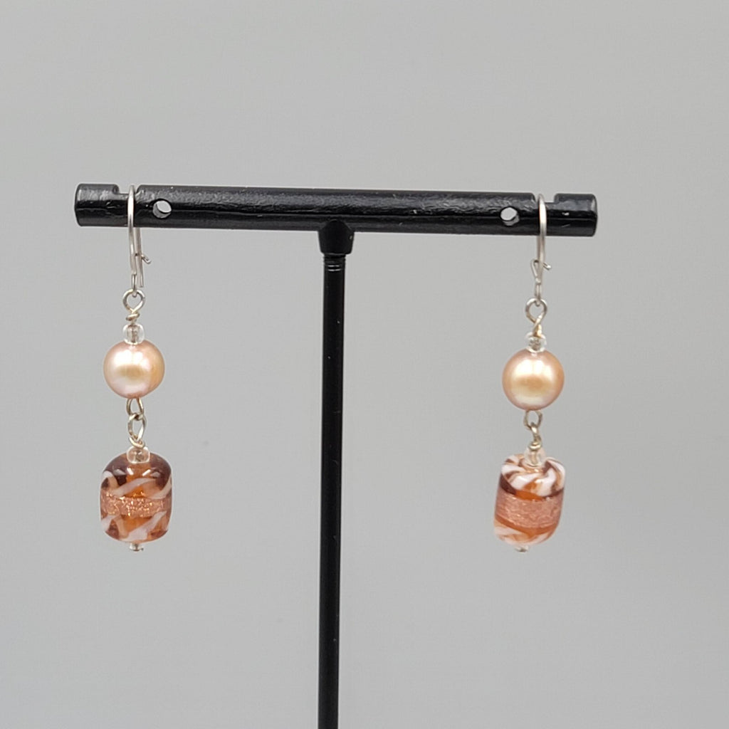 Art Glass Bead Pierced Earrings Silver tone Dangle 1.25"