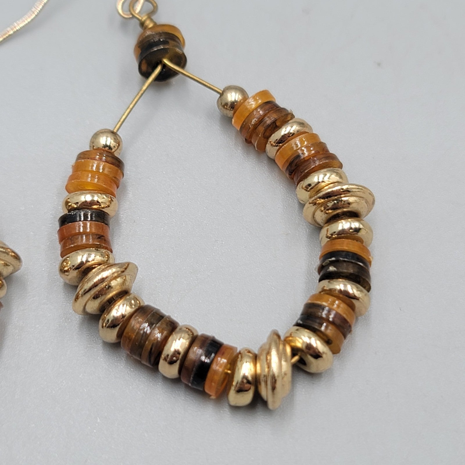Beaded Teardrop Hoops Pierced Earrings Gold tone Dangle 2"