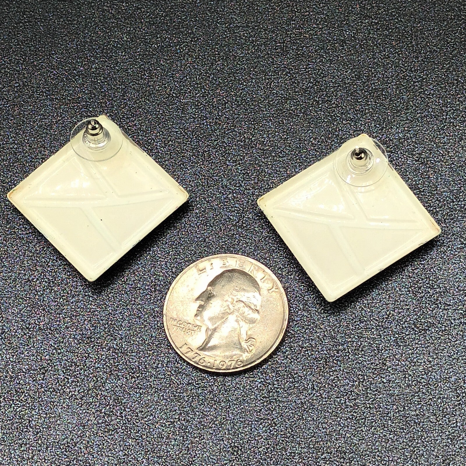 Vintage Pierced Earrings White Blue Enamel Geometric Drop 1 3/8"