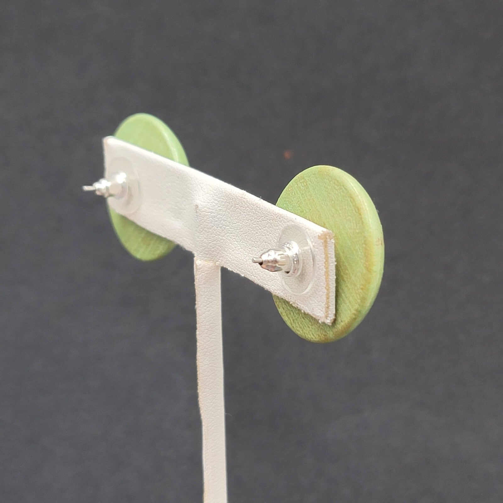 Vintage Pierced Earrings Stained Green Wood Disc Drop 1"