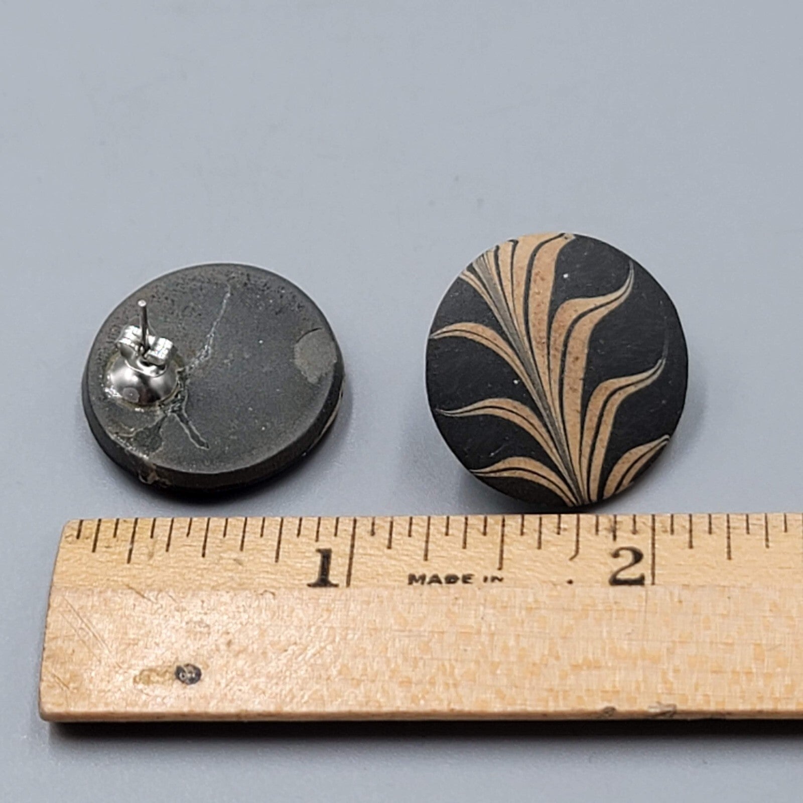 Vintage Ceramic Round Pierced Earrings Black Gold Paint 1"