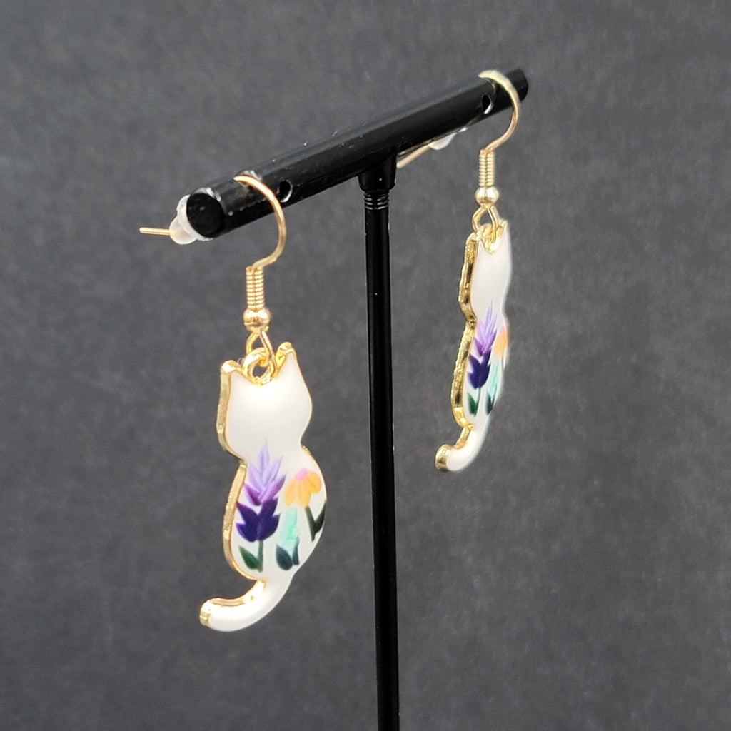Pierced Earrings Gold tone Cat White Enamel Flowers Dangle 1.25"
